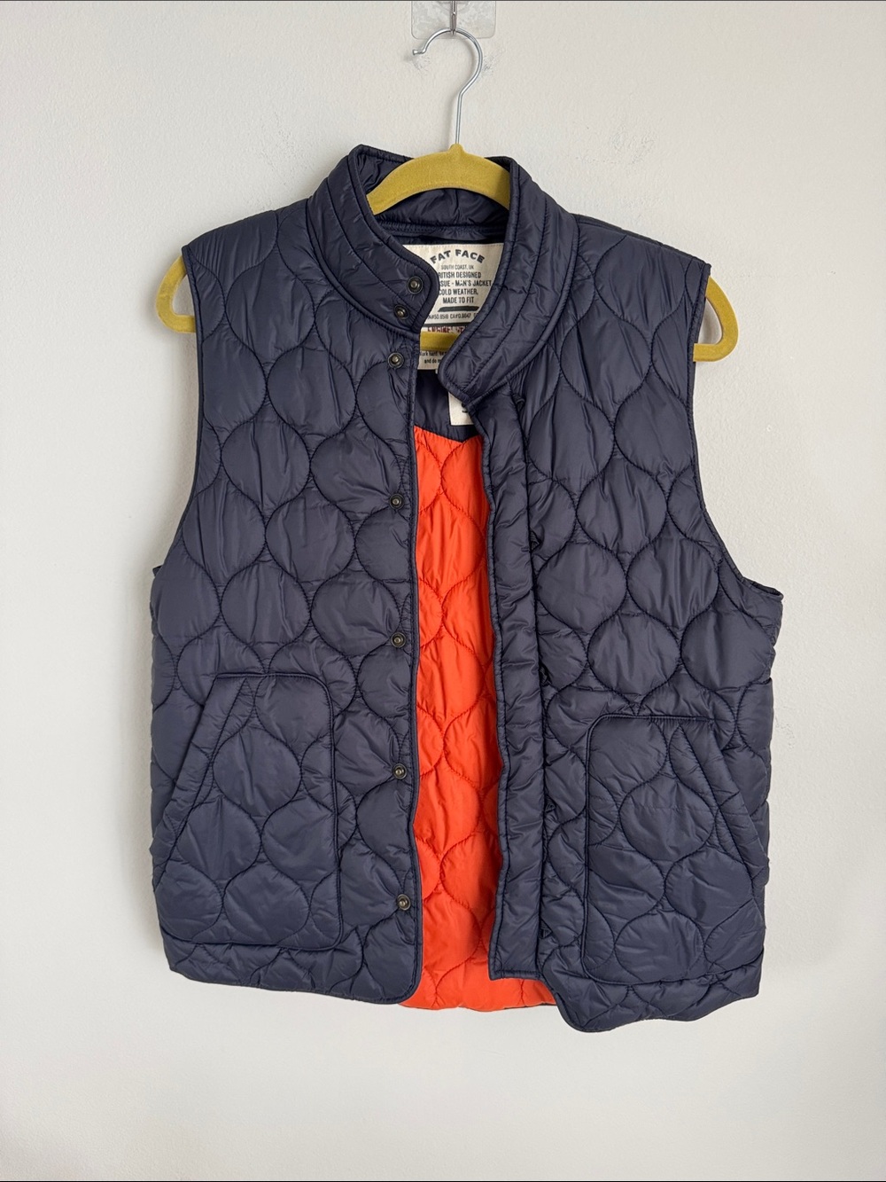 FatFace Jacksdale Quilted Vest Gilet Navy Orange DuPont Sorona Snap Front Men’s